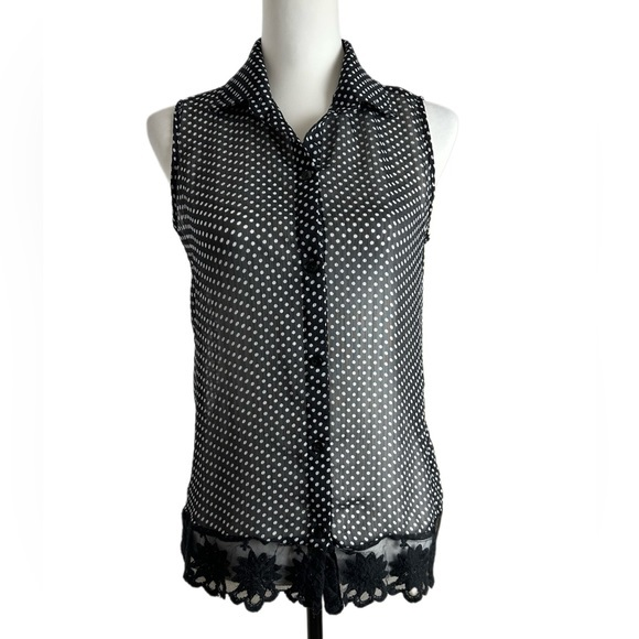 Zac & Rachel Tops - Zac & Rachel‎ Polka Dot Lace Trim Sleeveless Blouse Black Women Small